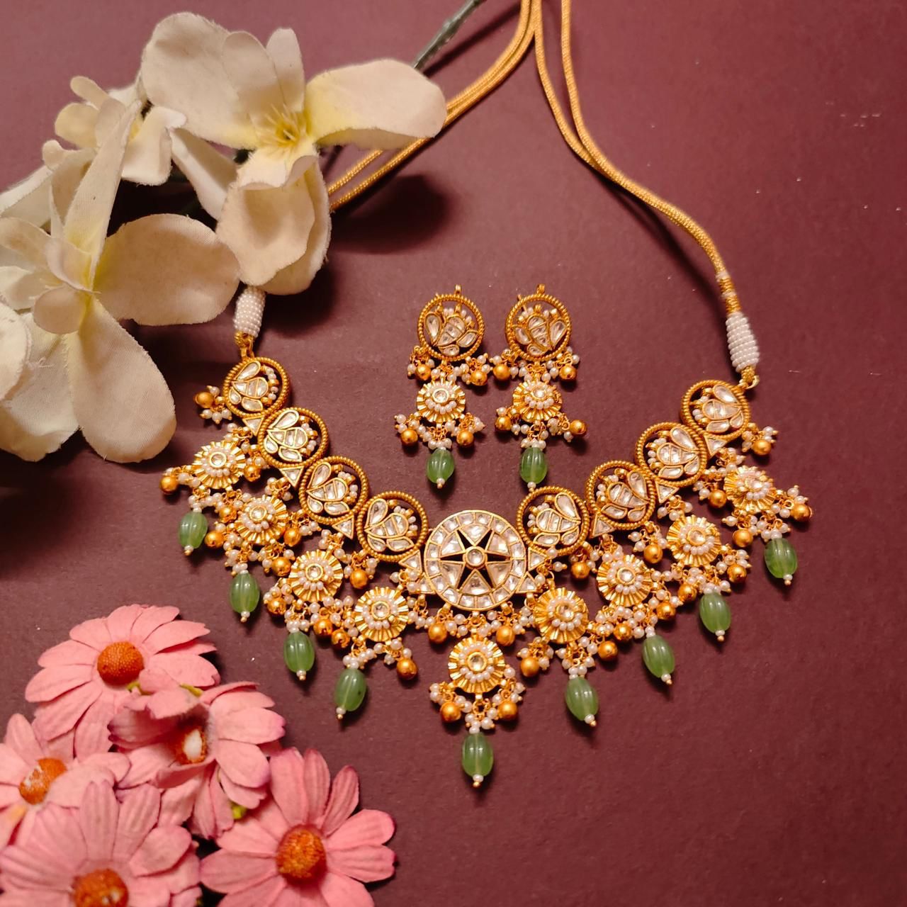 Temple Gold Plated Pachi Kundan Choker Necklace With Green Beads