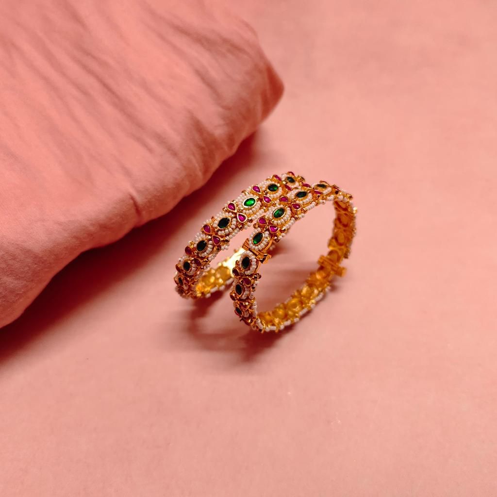 Gold Plated Kemp Stone and Pearl Pachi Kundan Bangles