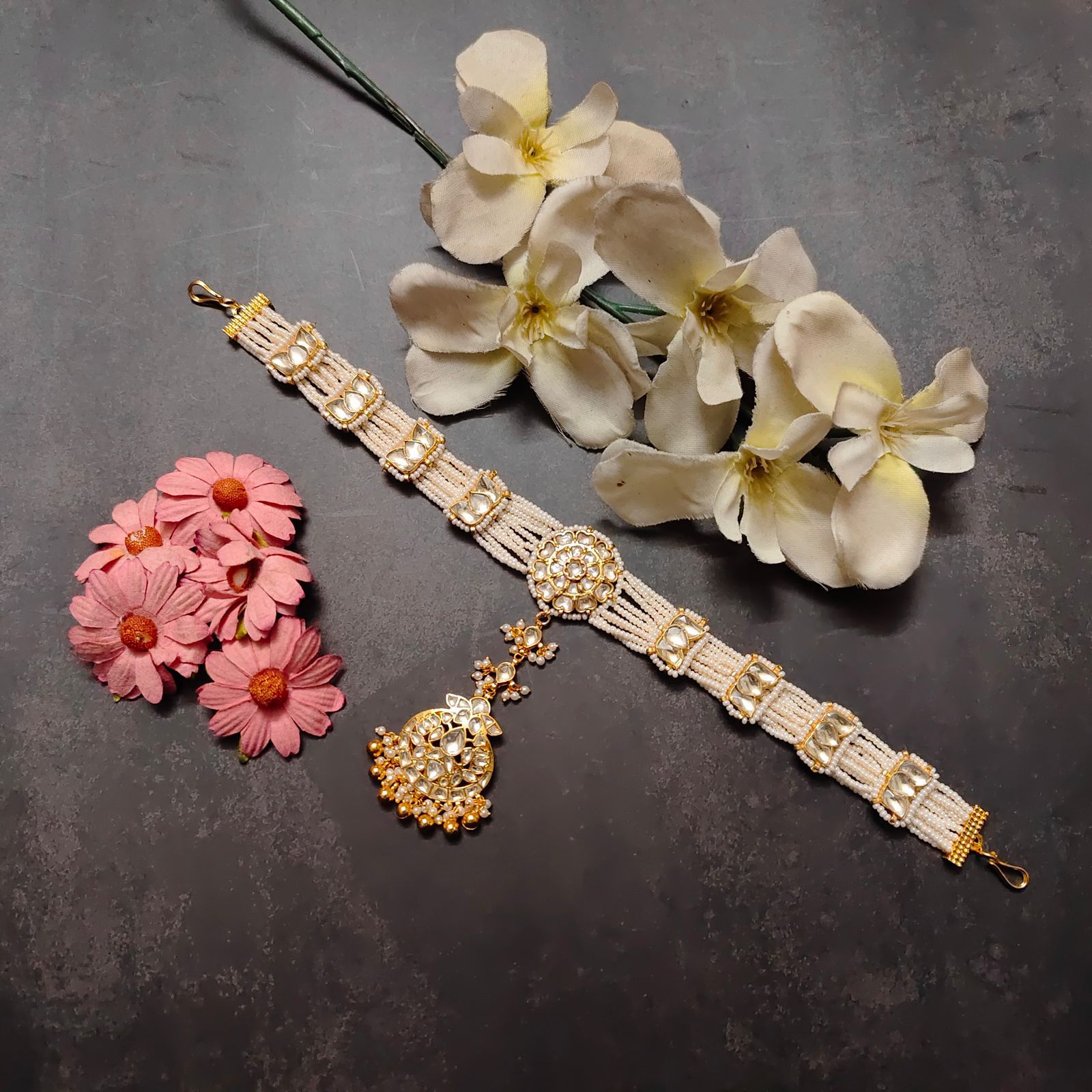 Multistrand Pearl Gold Plated Pachi Kundan Matha Patti 