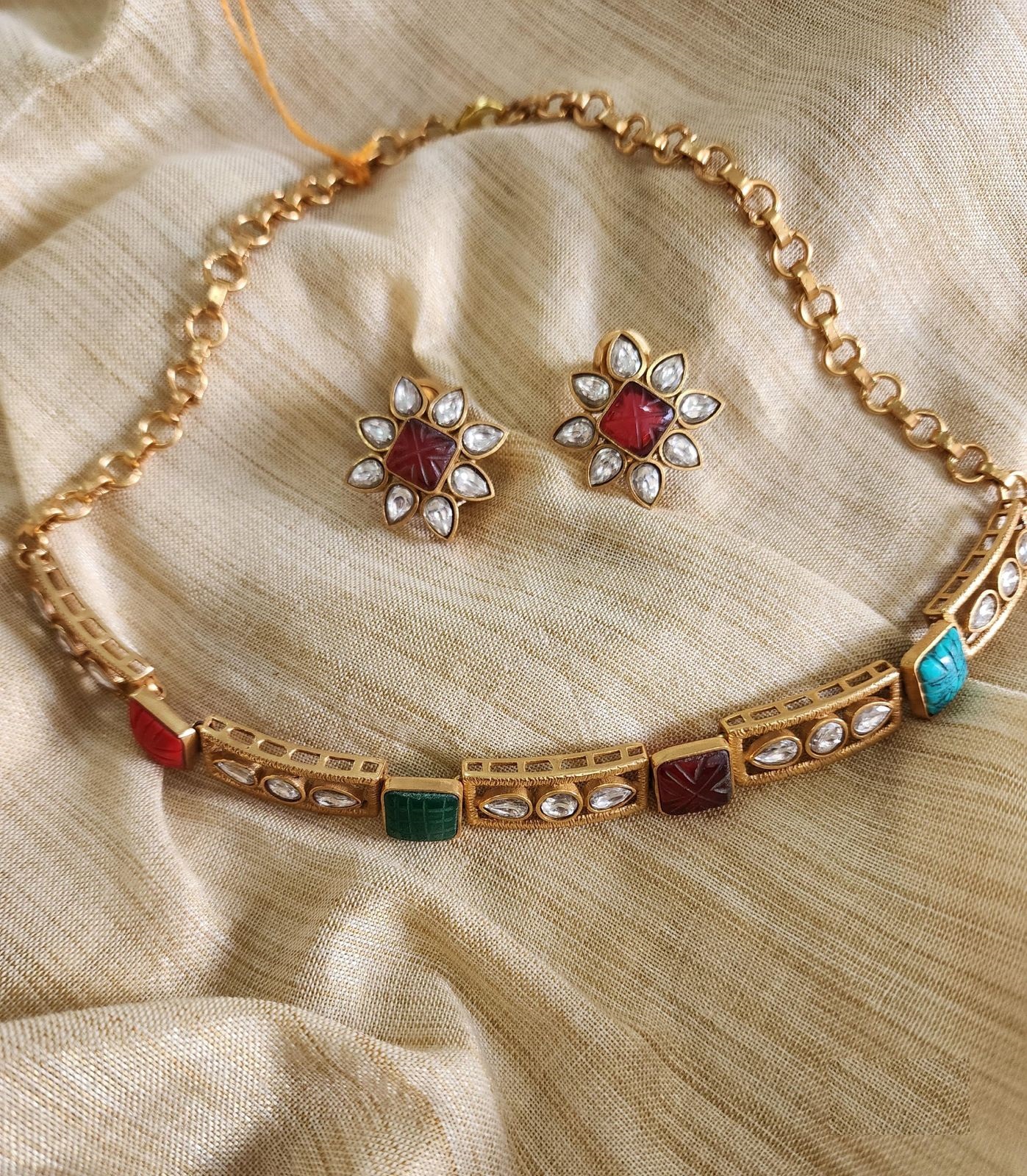 Victorian Navratan And Polki Choker Necklace 