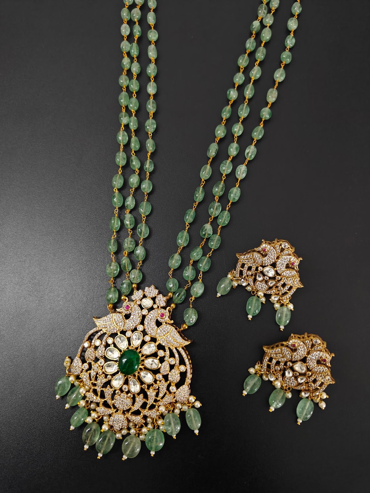 Victorian Peacock Polki Long Pendant Necklace with Emerald Beads