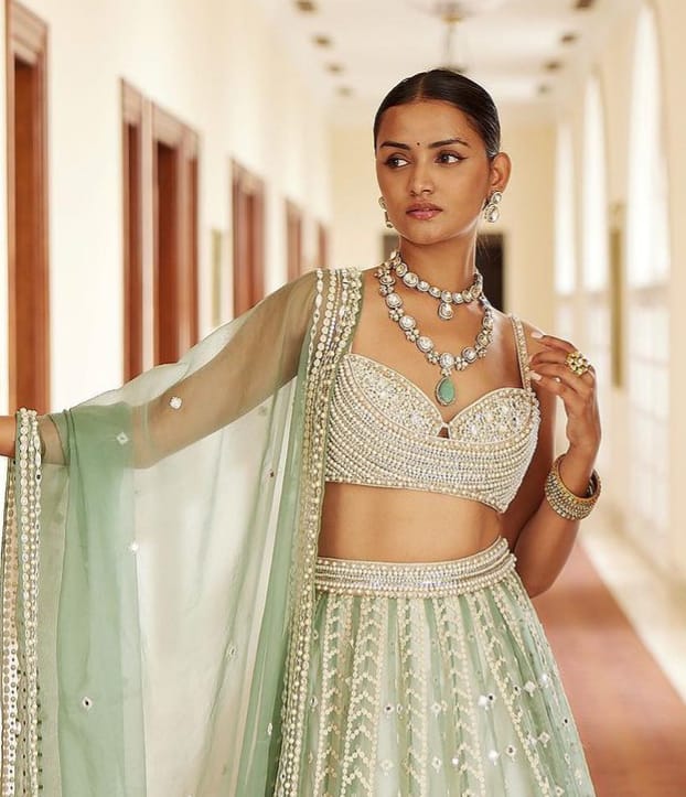 Designer Green Stone and Polki Choker and Long Necklace Set, For Wedding Wear Jewelery