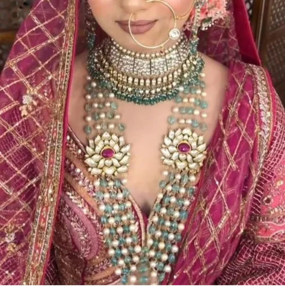 Royal Bridal Emerald Green Beads Pachi Kundan Gold Plated Choker and Long Necklace with Earrings Tikka Nath Passa