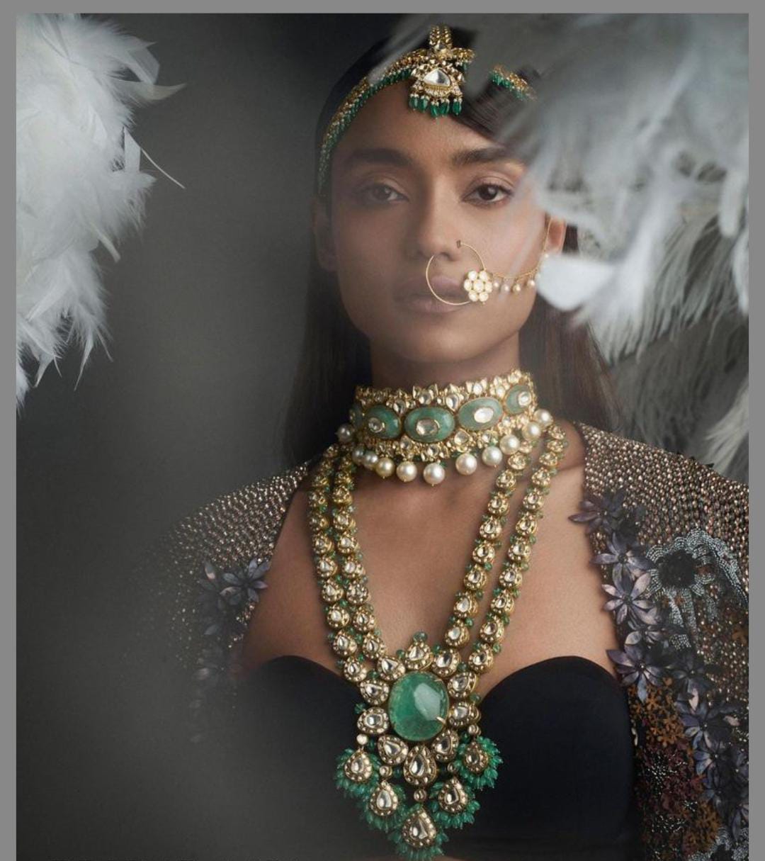 Royal Bridal Emerald and Pachi Kundan Pearl Choker Long Tika Earrings Necklace