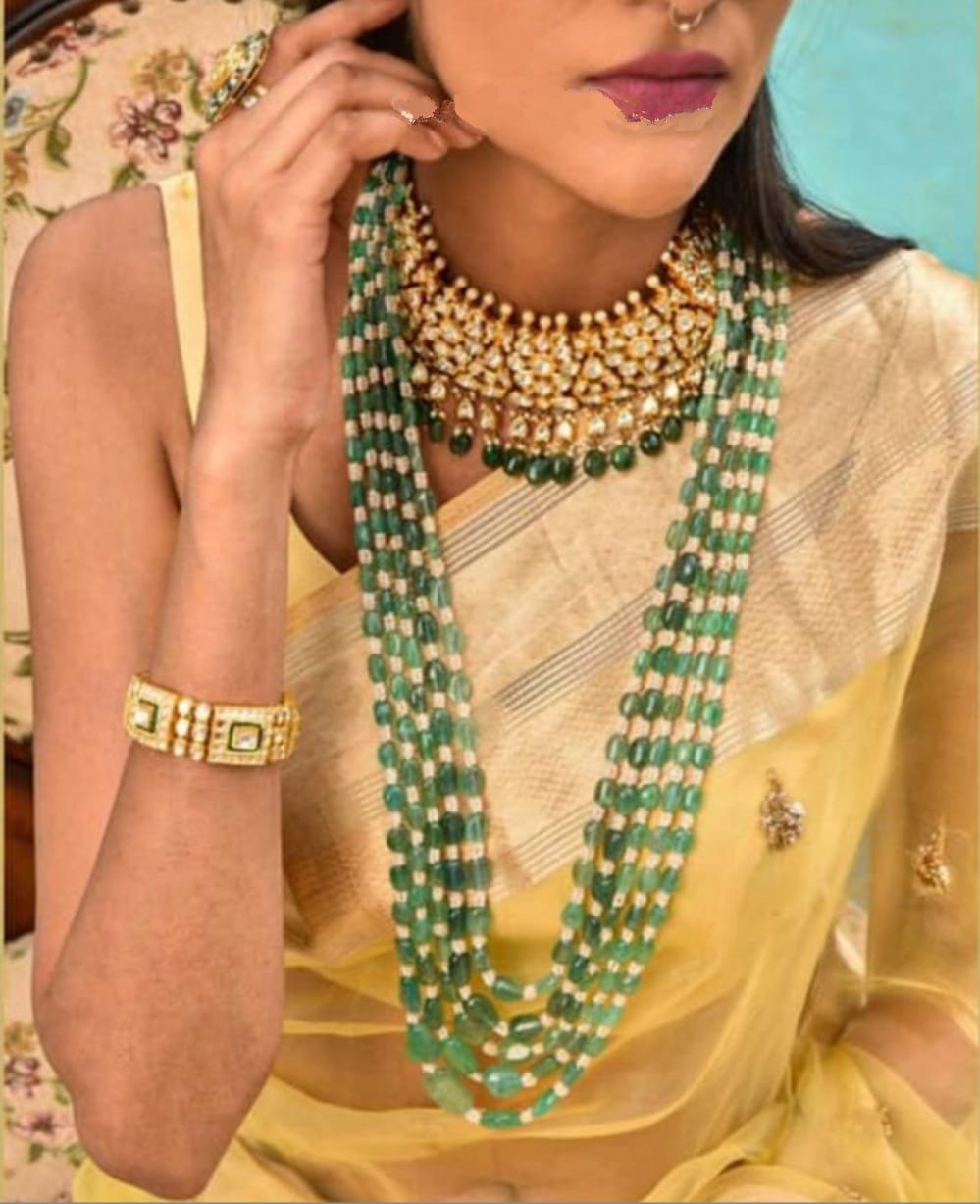 Bridal Emerald Green Beads Multistrand Long Necklace and Pachi Green Beads Choker Necklace 