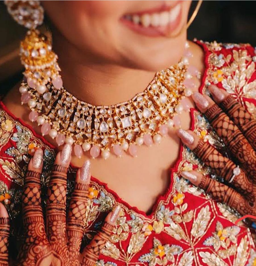 Traditional Gold Plated Pachi Choker Necklace with Rose Quartz
