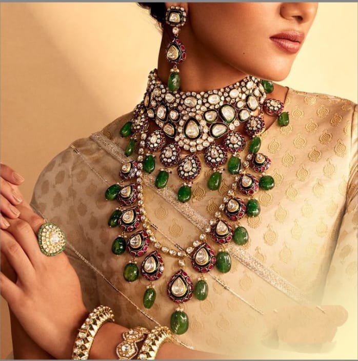 Beautiful Bridal Pachi Kundan Polki Choker and Long Necklace