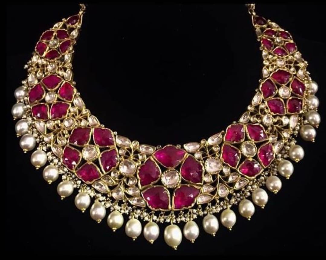 Royal Pink Pachi Kundan Pearl And Polki Choker Necklace