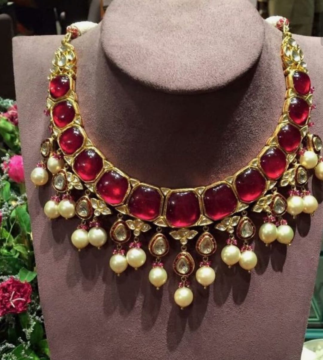 Traditional Red Stone With Pearl Pachi Kundan Polki Necklace