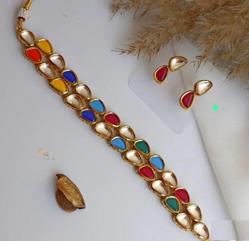Gold Plated Navratan Kundan Choker Necklace 