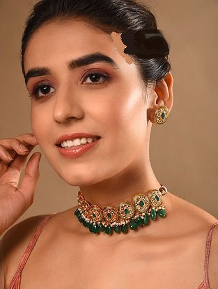 Gold Plated Emerald Green Beads Kundan Choker Necklace