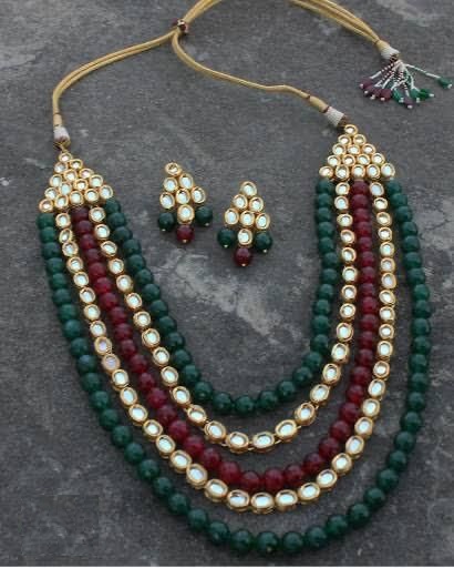 Multi-Line Beaded Gold Plated Kundan Long Necklace