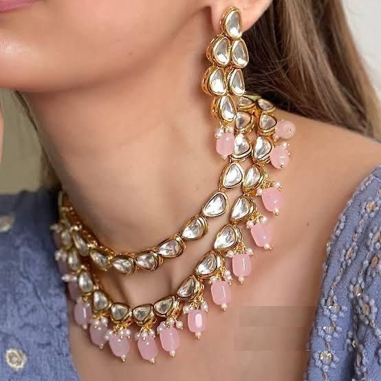 Elegant Double Line Pink Beaded Gold Plated Kundan Necklace 
