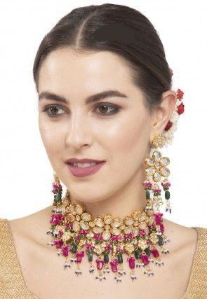 Gold Plated Beads And Kundan Choker Necklace