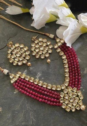 Elegant Gold Plated Multistrand Red Beaded And Kundan Necklace 