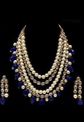 Multi-Line Gold Plated Kundan Studded And Beaded PearlAnd Sapphire Long Necklace