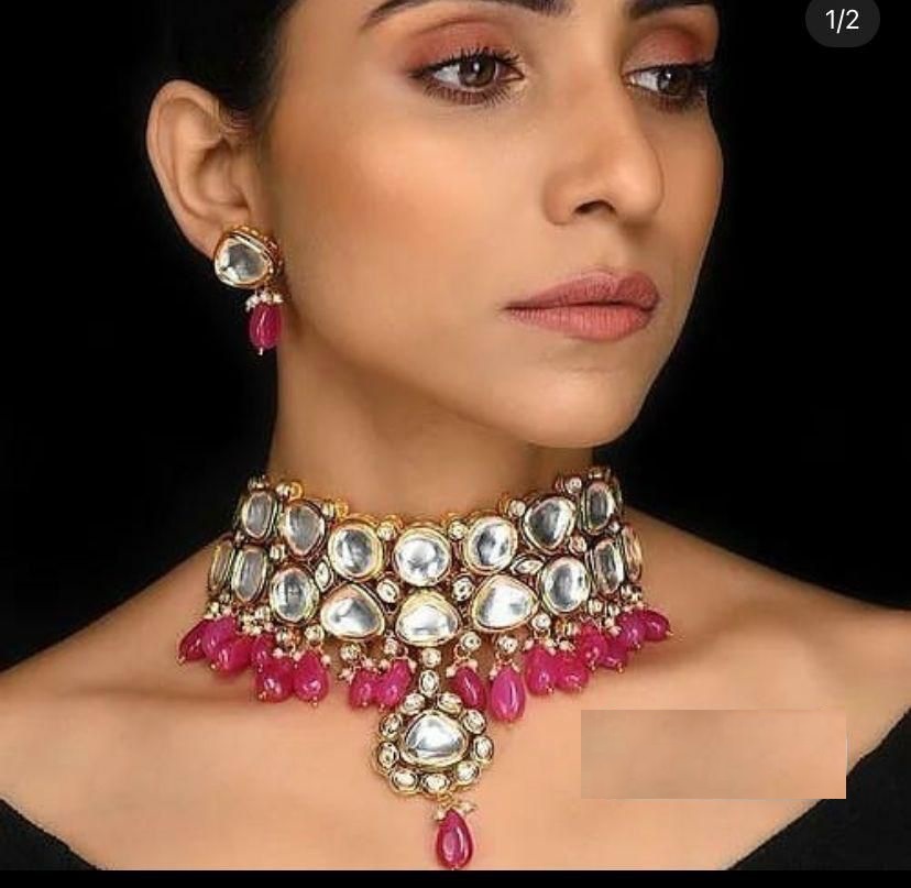 Elegant Gold Plated Kundan Studded And Beaded Pink Choker Necklace