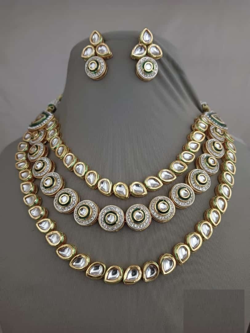 Multi-Line Gold Plated Green Meenakari Kundan Studded Necklace