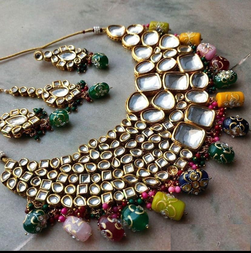 Gold Plated Heavy Bridal Kundan Jadau And Meenakari Beads Necklace 