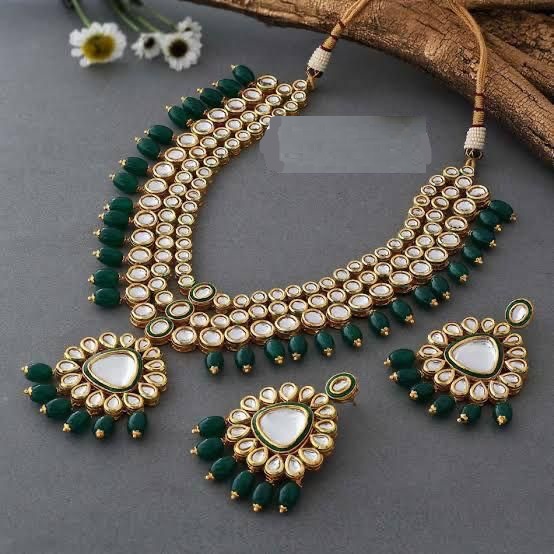 Traditional Bridal Multi-Line Heavy Kundan Jadau With Green Beads Deop Long Necklace
