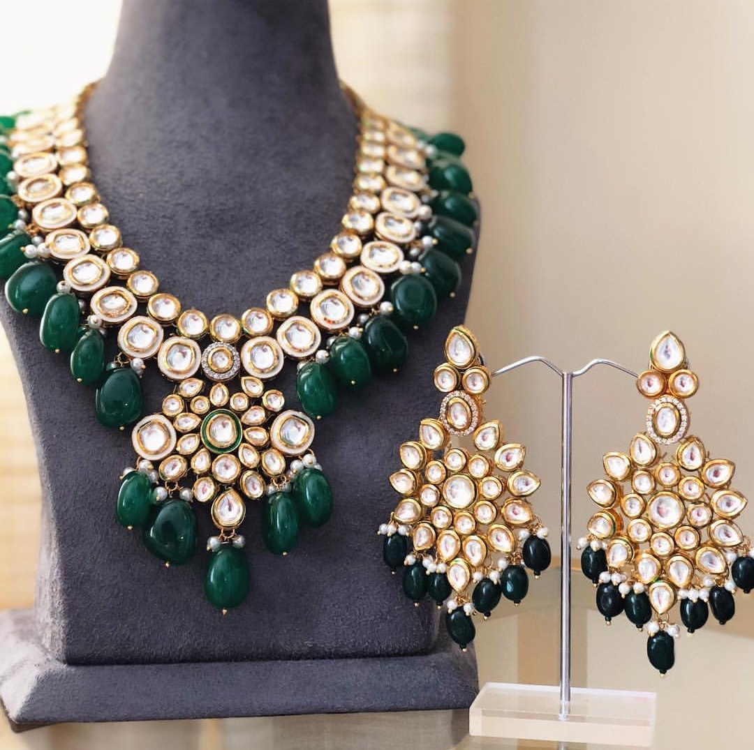 Kundan Necklace with Emerald Drops and Ad Stone