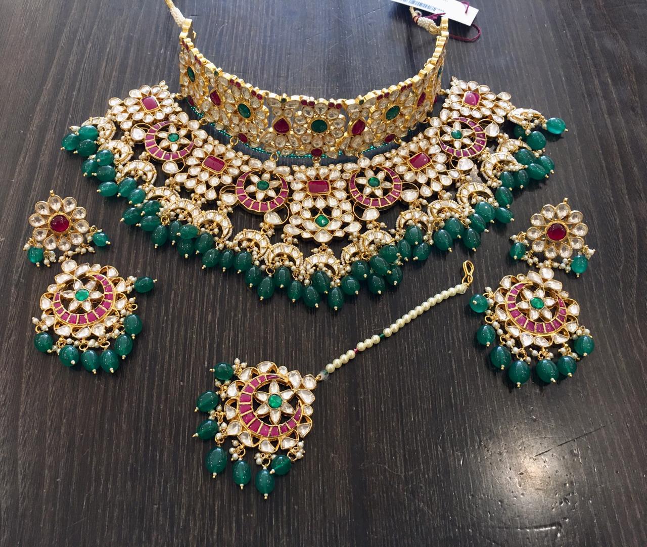 Wedding Wear Green Multicolor Heavy Jadau Bridal Necklace Gold Plated Choker Set