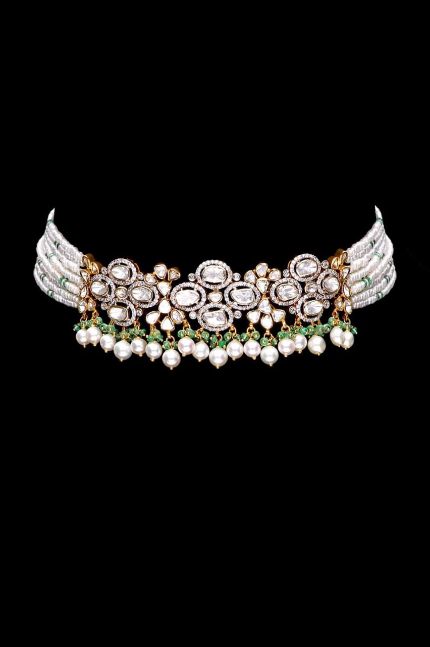Multistrand Pearl And Polki Silver Choker Necklace