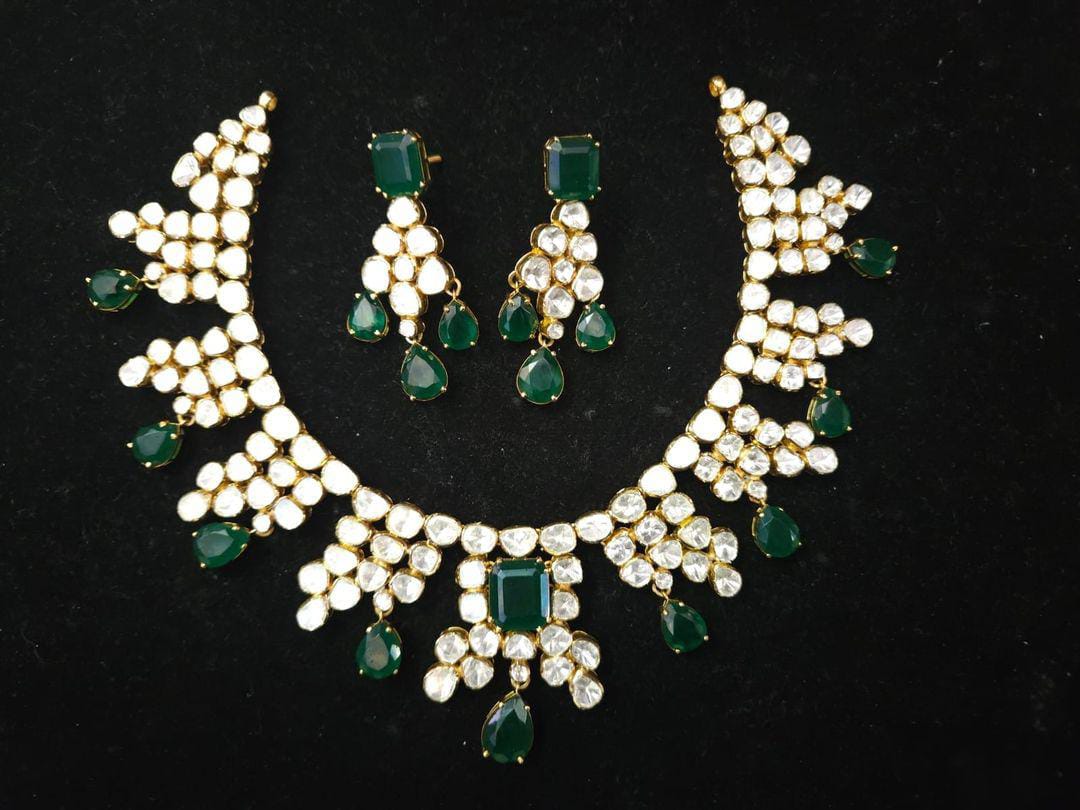 Traditional Polki And Emerald Silver Necklace