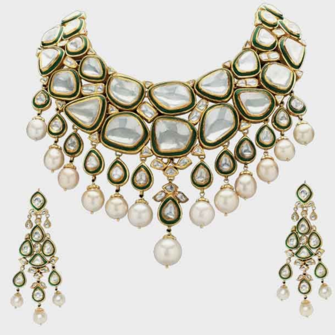 Green Carved Polki And Pearl Choker Necklace, Size: Standard