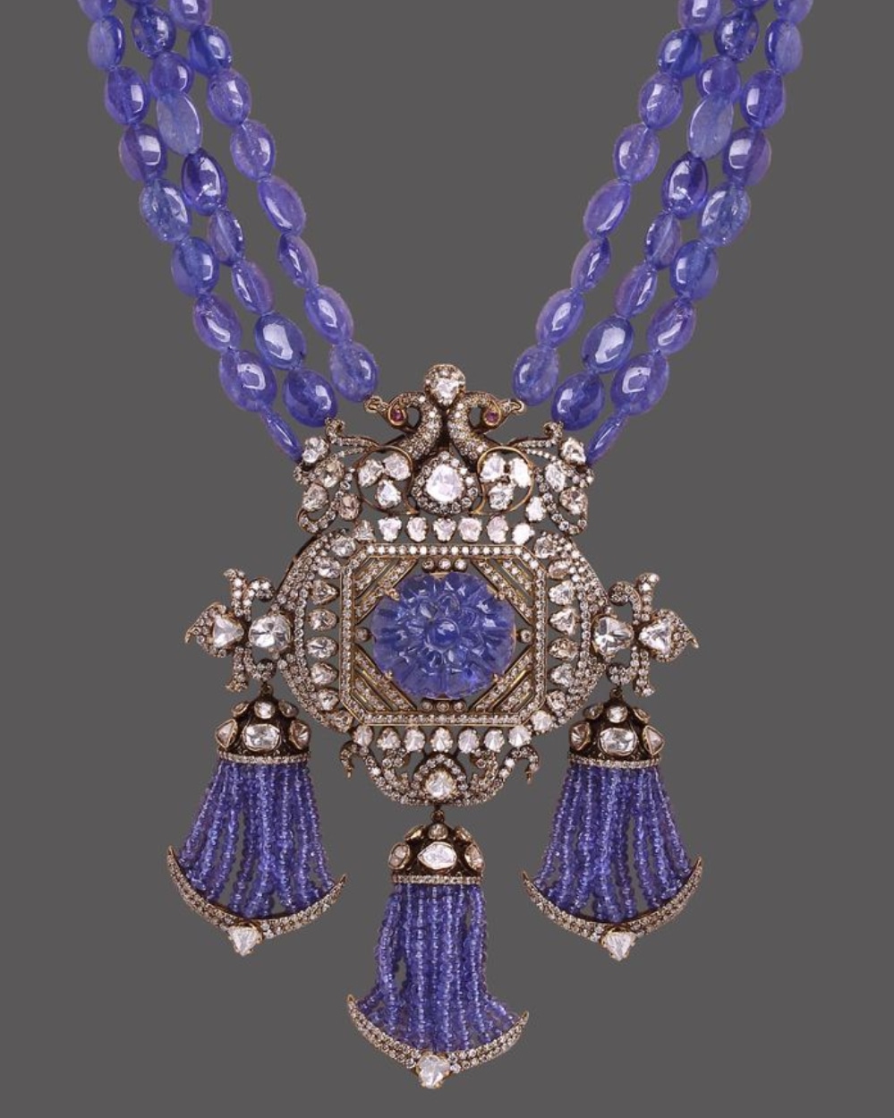 Victorian Sapphire And Polki Silver Necklace With Peacock Motif 92.5 Silver Moissanite Diamond Polki