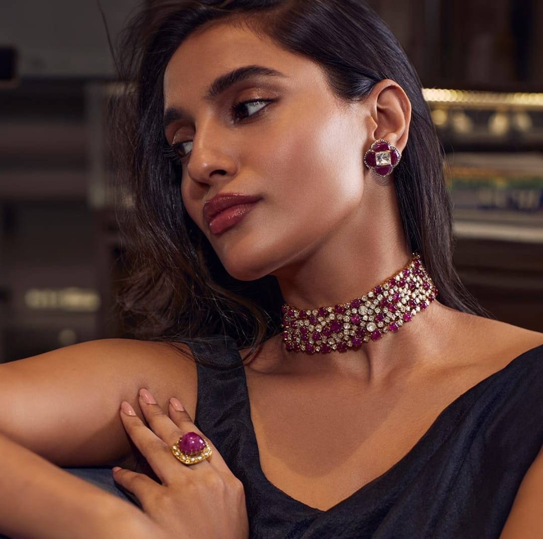 Cocktail Party Ruby And Polki Silver Choker Necklace 92.5 Silver Moissanite Diamond Polki