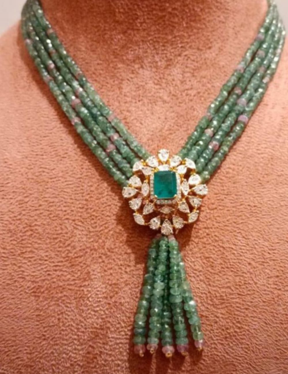 Multistrand Emerald And Polki Silver Mid Length Necklace