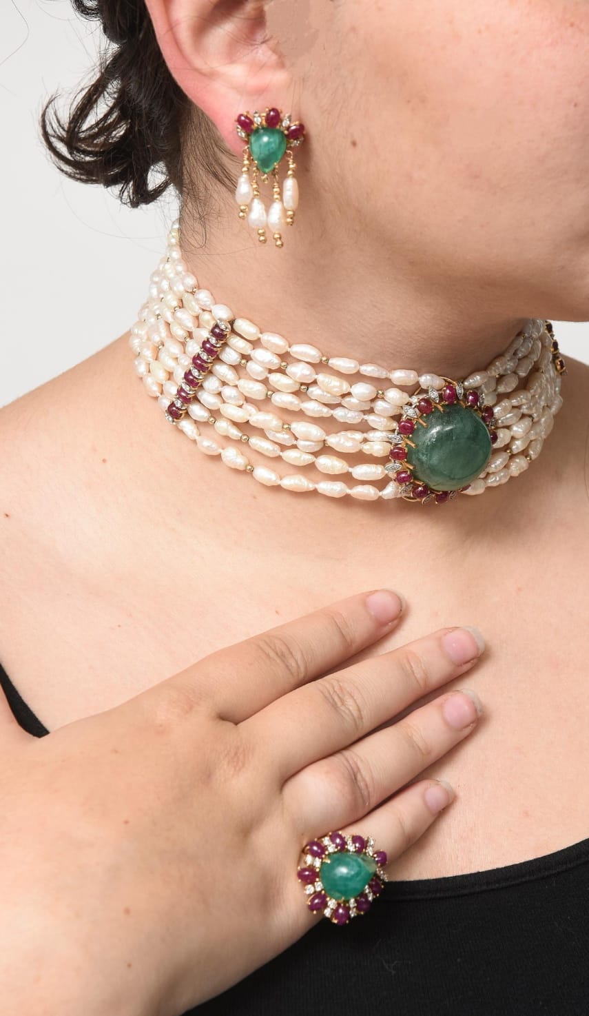 Multistrand Emerald Ruby Fresh Water Pearl And Polki Silver Choker Necklace