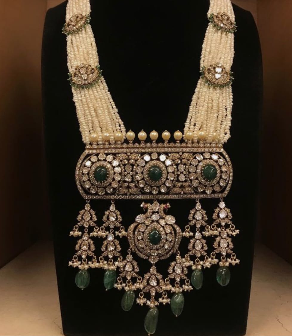 Victorian Multistrand Emerald And Polki Silver Long Necklace