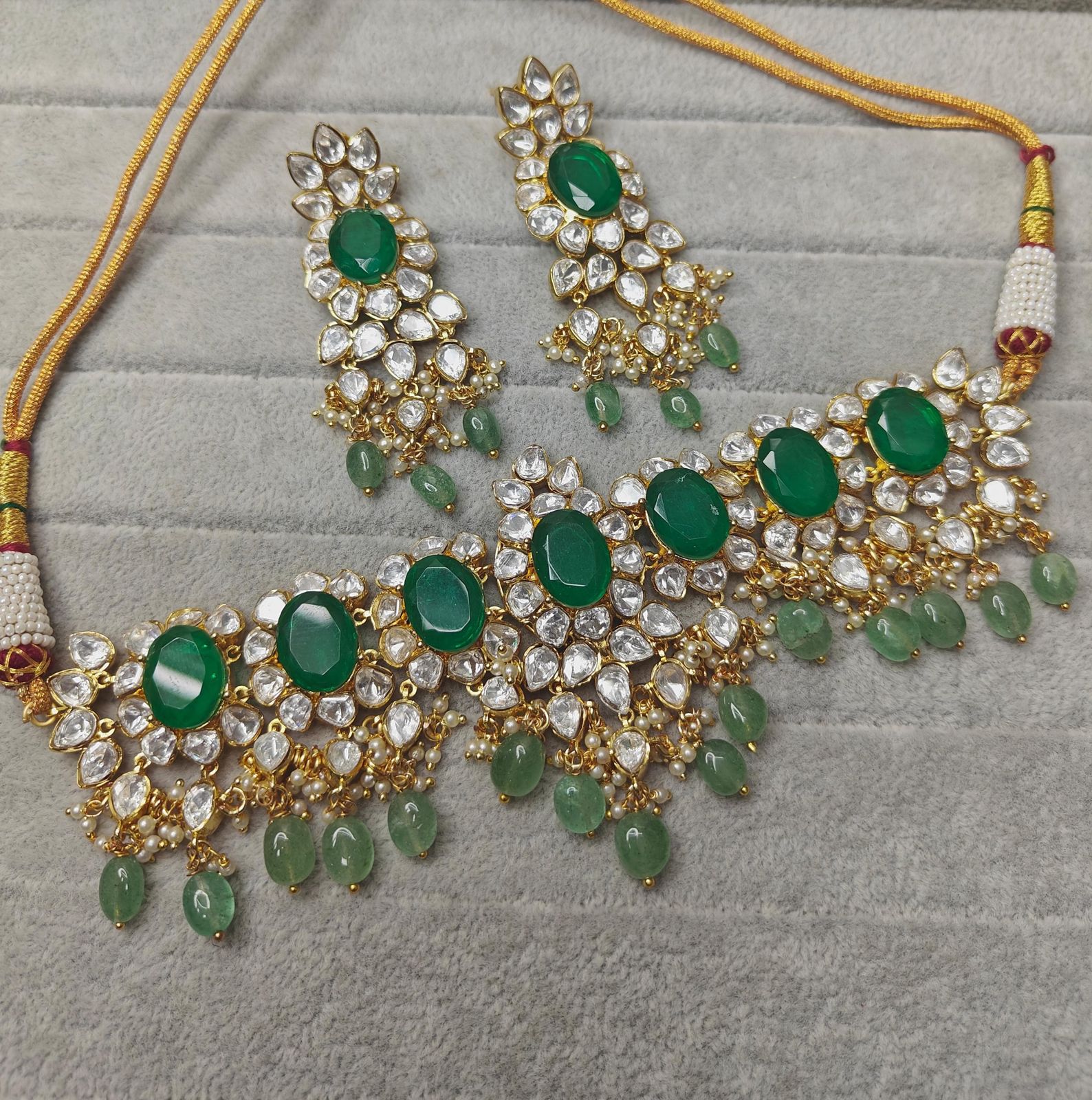 Gold Plated Emerald Green Stone And Polki Choker Necklace