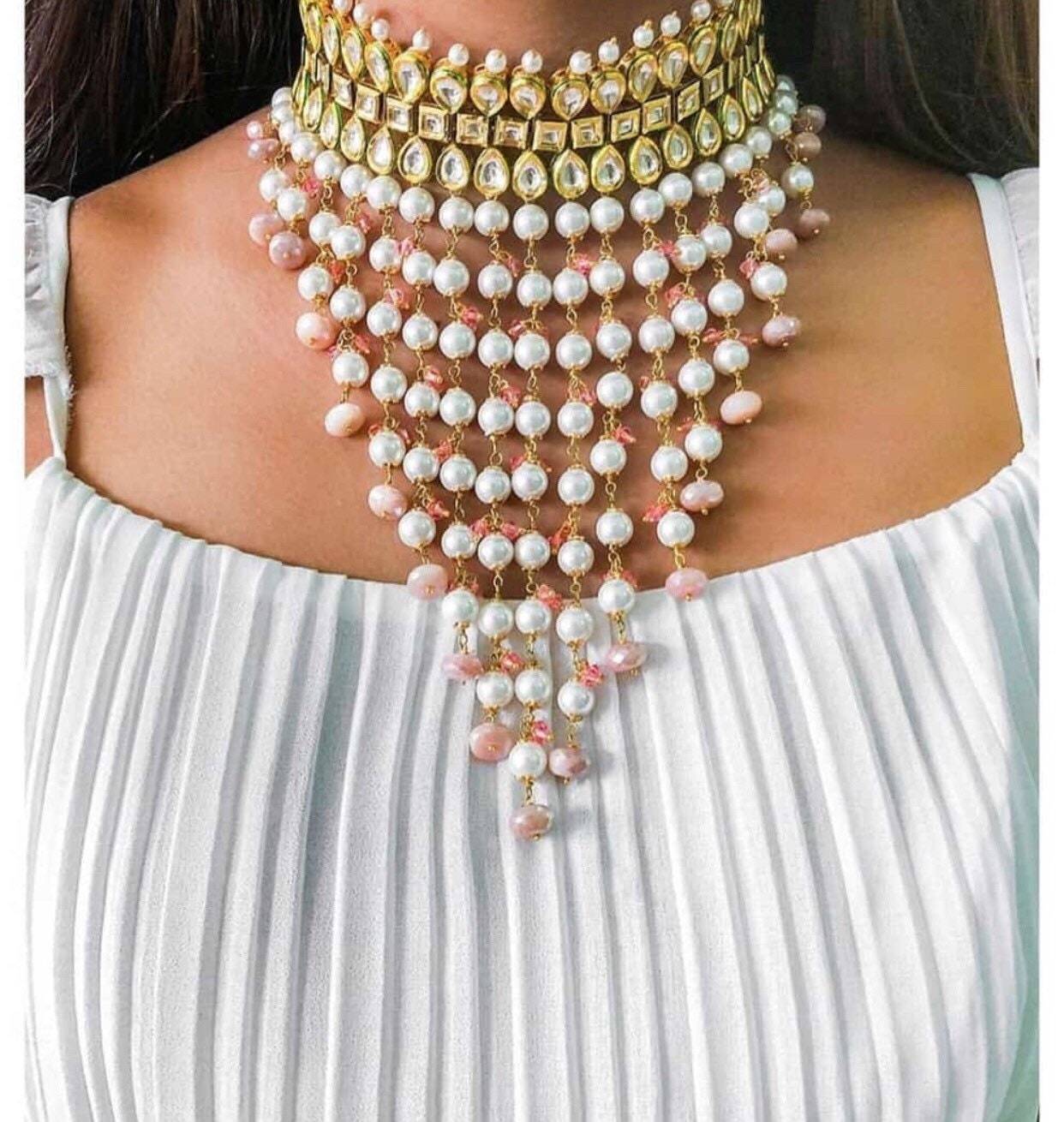 Beautiful Layed Gold Plated Pearl Kundan Choker Necklace Kundan