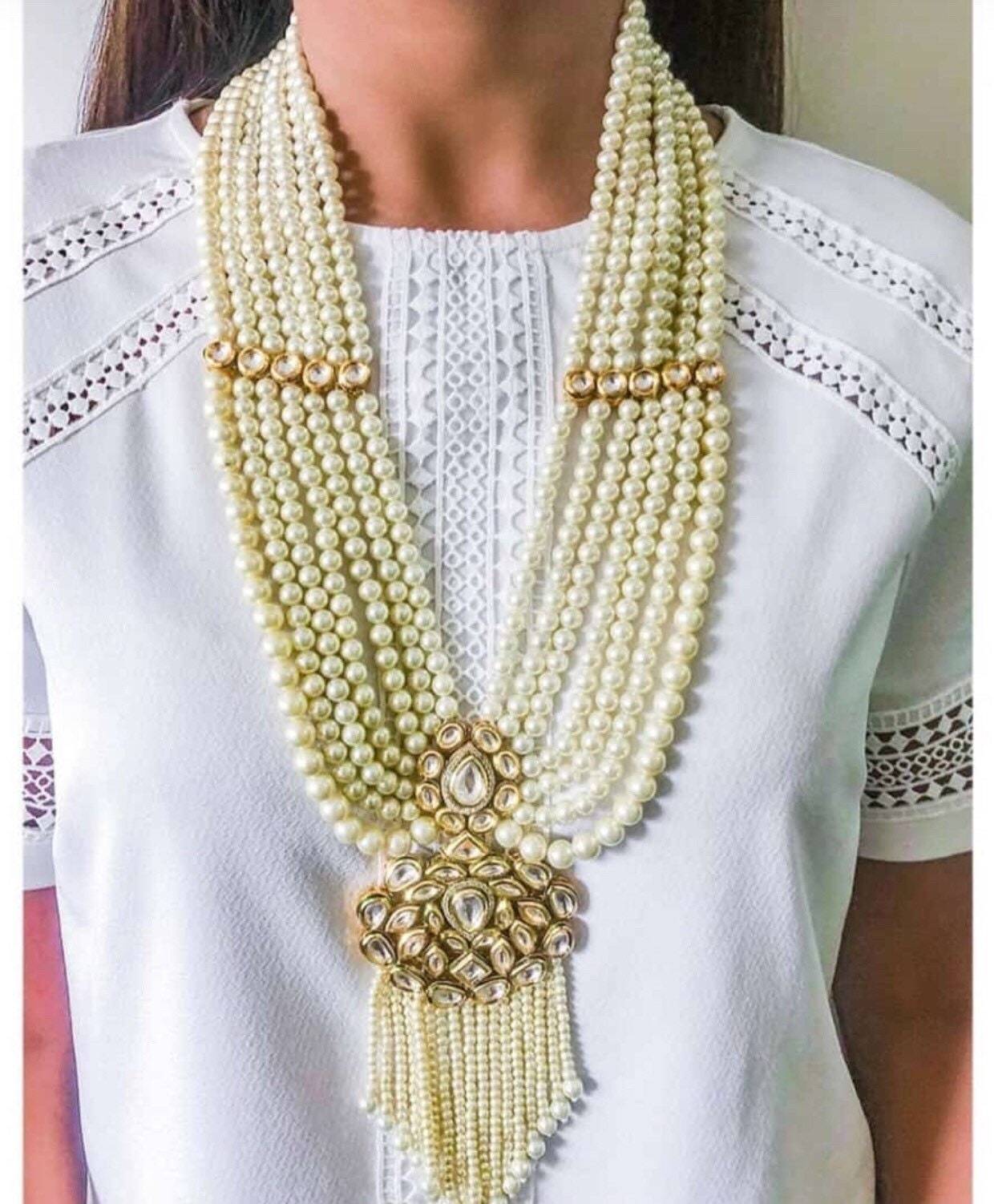 Designer Kundan and Pearl Raani Haar,Long Pearl Necklace Set with Earrings
