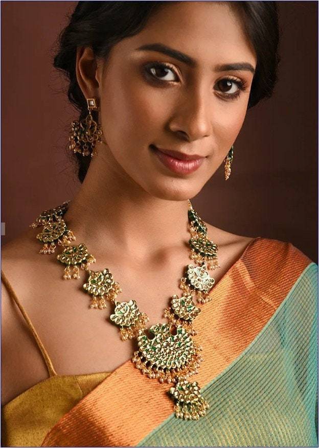 Elegant Looking Long Necklace in Bikaneri Back Meenakari Kundan Necklace