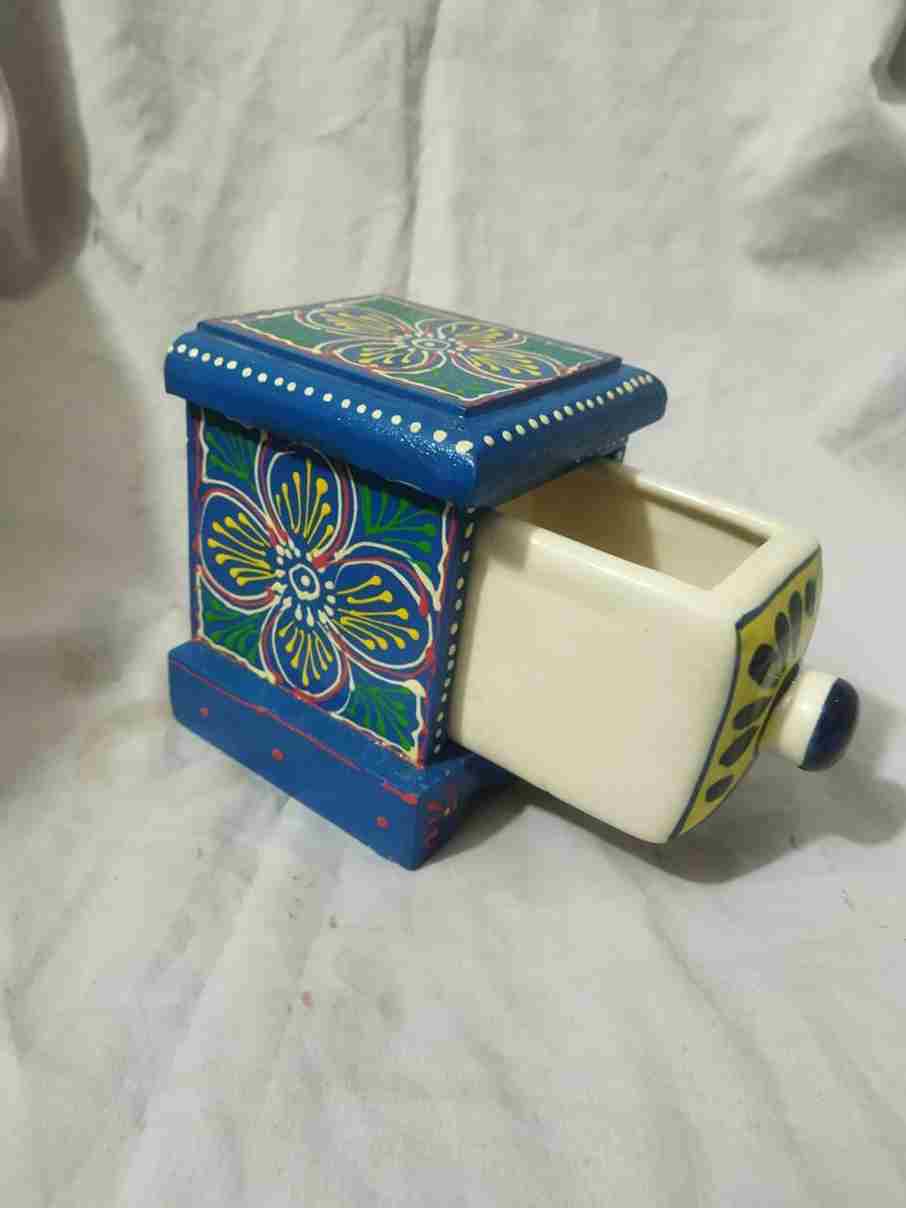 Blue Art Pottery Wooden Drawer